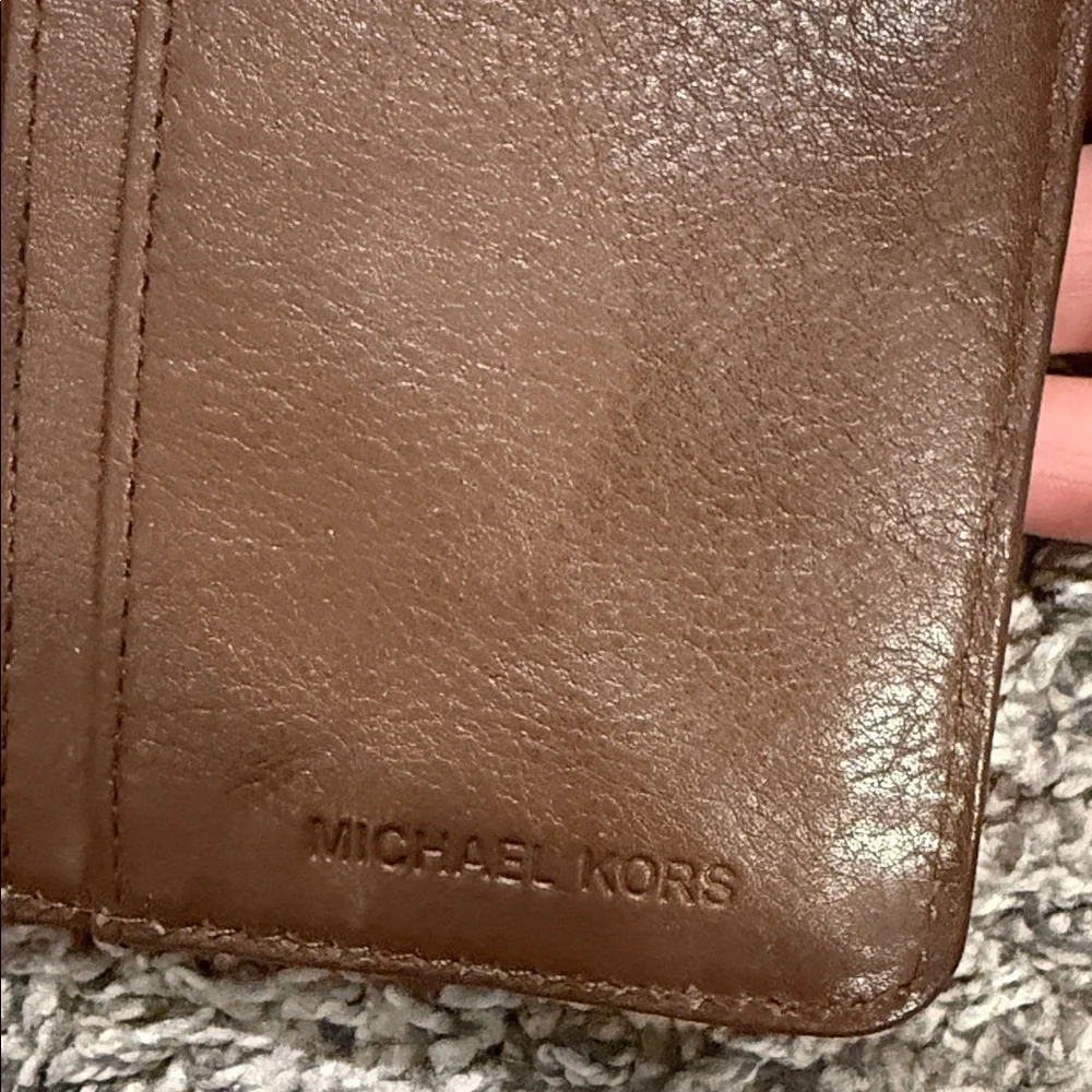 Michael Kors Monogram Brown Tan Wallet big valley studded clutch MK designer